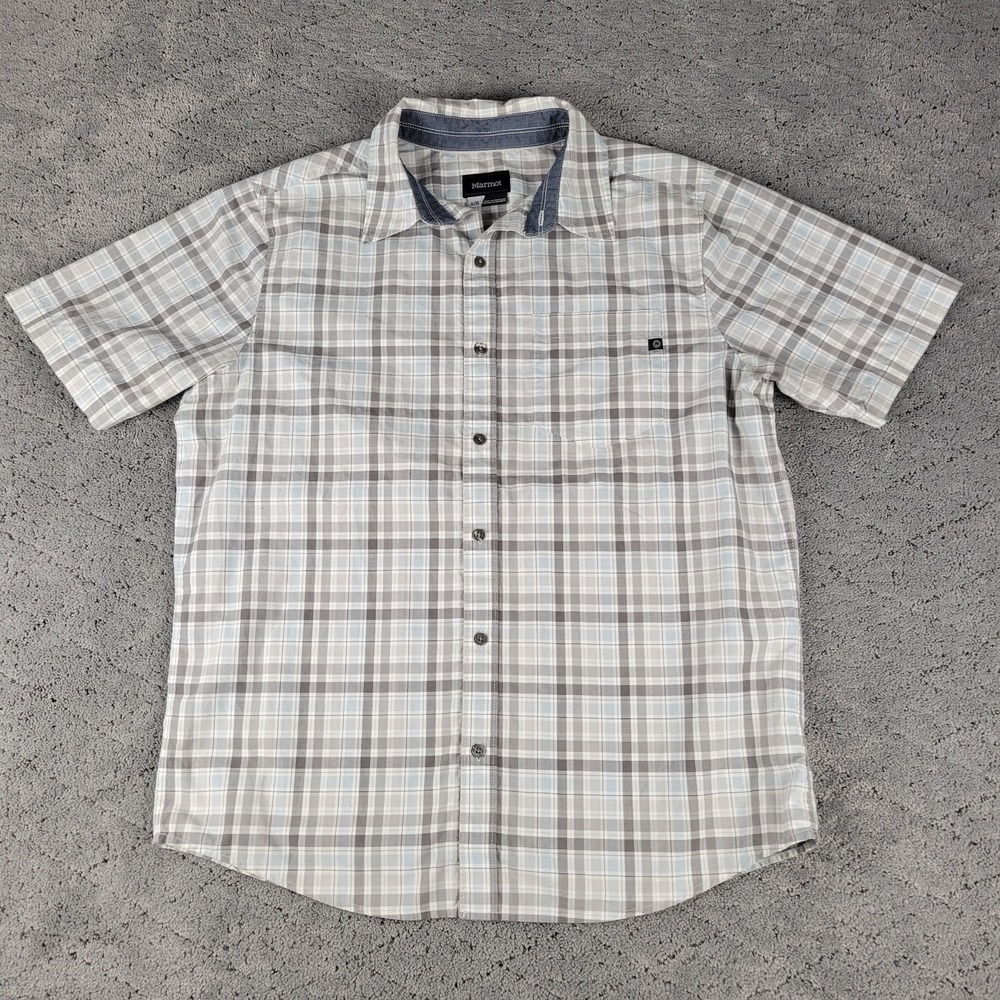 Marmot Shirt Mens L Gray Plaid Meeker Short Sleeve Button Up Collared